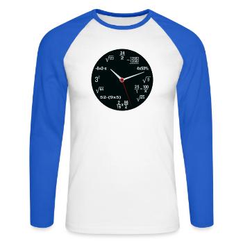 Mathe-Nerd – Die etwas andere Uhr - Unisex Baseballshirt langarm - Weiß/Royalblau - Vorne - Nik (191cm)