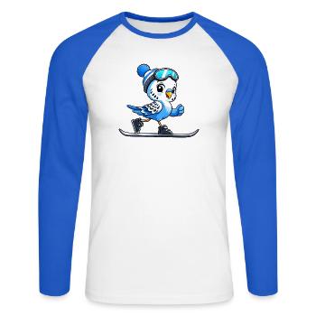 Wellensittich Skifahrer im Cartoon Stil - Unisex Baseballshirt langarm - Weiß/Royalblau - Vorne - Nik (191cm)
