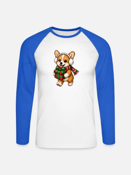 Corgi Weihnachtsgeschenk-Pixelkunst - Unisex Baseballshirt langarm - Weiß/Royalblau