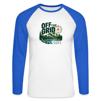 Off The Grid Berglandschaft Kompass - Unisex Baseballshirt langarm - Weiß/Royalblau - Vorne - Nik (191cm)