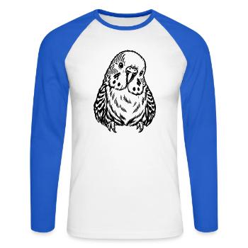 Wellensittich – Schwarz Weiß Vogelporträt - Unisex Baseballshirt langarm - Weiß/Royalblau - Vorne - Nik (191cm)