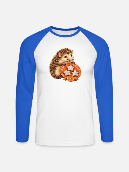 Fröhlicher Tenrek mit Orangenstern-Backteller - Unisex Baseballshirt langarm - Weiß/Royalblau