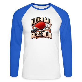 Tischtennis – Kleine Bälle, große Freude | Tennis - Unisex Baseballshirt langarm - Weiß/Royalblau - Vorne - Nik (191cm)