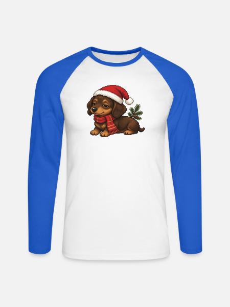 Dackel Weihnachtshut Weihnachts-Pixelkunst - Unisex Baseballshirt langarm - Weiß/Royalblau