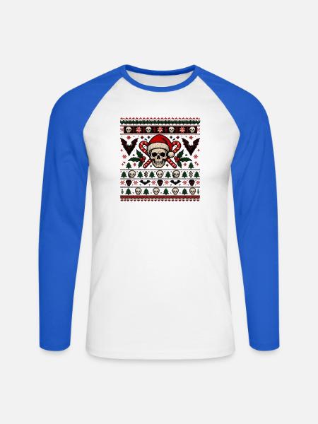 Skull Santa Candy Cane Muster - Unisex Baseballshirt langarm - Weiß/Royalblau
