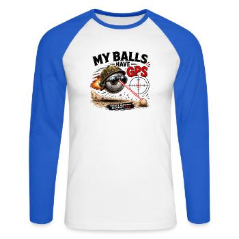  My Balls Have GPS Target Acquired Accuracy 99 - Unisex Baseballshirt langarm - Weiß/Royalblau - Vorne - Nik (191cm)