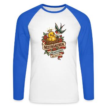 Nesthäkchen Ich wars nicht - Unisex Baseballshirt langarm - Weiß/Royalblau - Vorne - Nik (191cm)