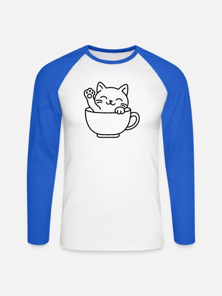 Kawaii Teetassenkatze - Unisex Baseballshirt langarm - Weiß/Royalblau