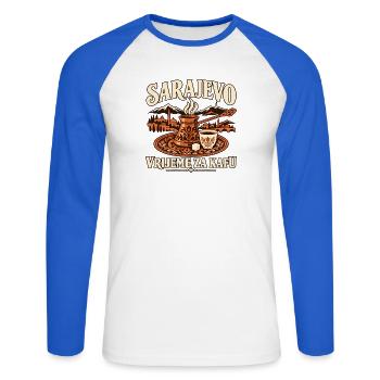 Sarajevo – Vrijeme za kafu – Kaffeezeit - Unisex Baseballshirt langarm - Weiß/Royalblau - Vorne - Nik (191cm)