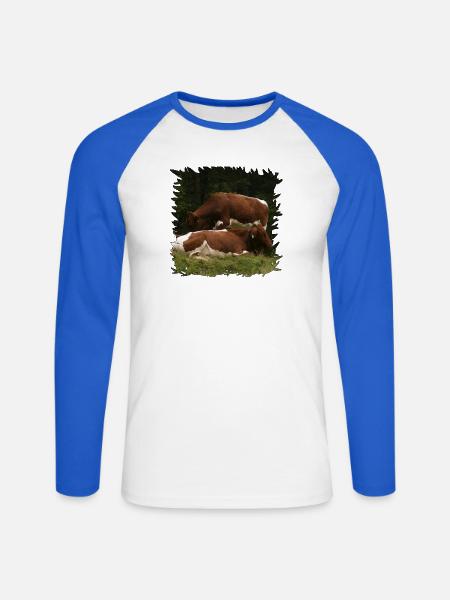 Pinzgauer Rindvieh auf der Weide - Unisex Baseballshirt langarm - Weiß/Royalblau