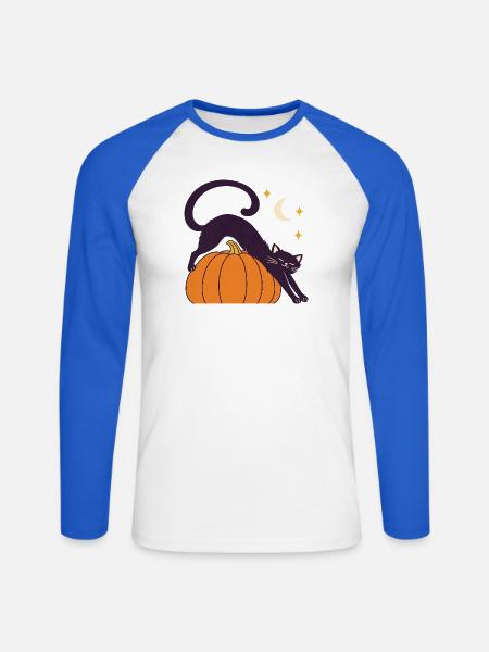 Night Stretch Pumpkin-Katze - Unisex Baseballshirt langarm - Weiß/Royalblau