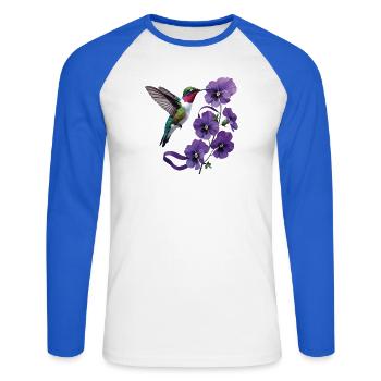 Kolibri-Purpurblumen und Bandstütze - Unisex Baseballshirt langarm - Weiß/Royalblau - Vorne - Nik (191cm)