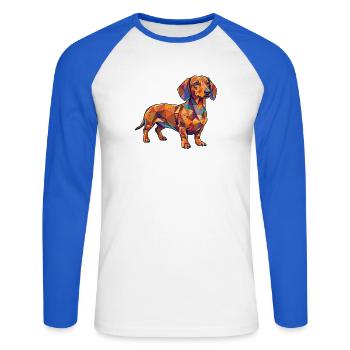 Poly Dackel - Unisex Baseballshirt langarm - Weiß/Royalblau - Vorne - Nik (191cm)