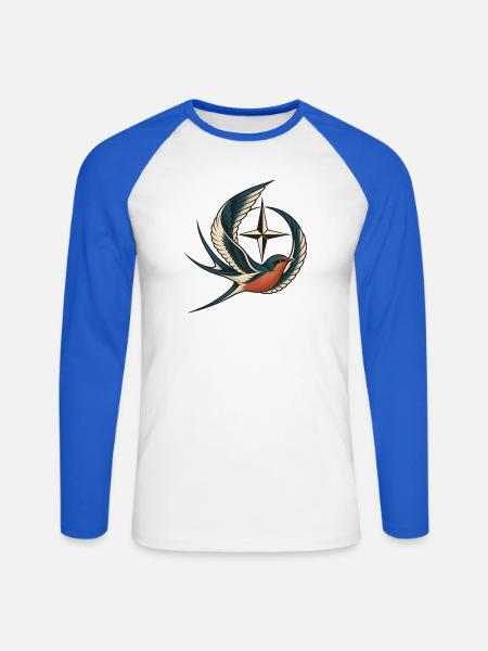 Lebendiges Schwalben-Kompass-Tattoo - Unisex Baseballshirt langarm - Weiß/Royalblau
