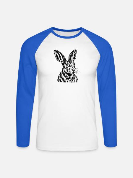 Feldhase – Detaillierte Schwarz Weiß Gravur - Unisex Baseballshirt langarm - Weiß/Royalblau