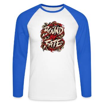 Bound by Fate: Kordelgrafik - Unisex Baseballshirt langarm - Weiß/Royalblau - Vorne - Nik (191cm)