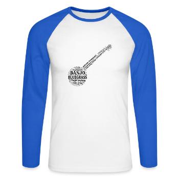 Banjo Bluegrass Country Fingerpicking Wortwolke - Unisex Baseballshirt langarm - Weiß/Royalblau - Vorne - Nik (191cm)