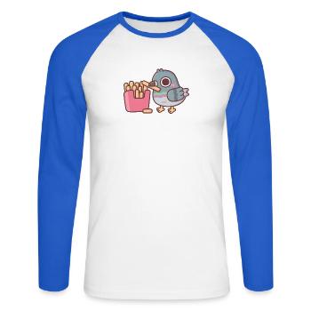Niedliche Taube isst Pommes frites - Unisex Baseballshirt langarm - Weiß/Royalblau - Vorne - Nik (191cm)