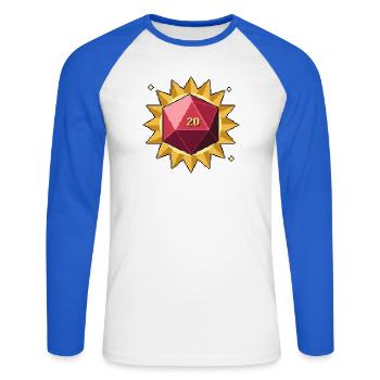 Zwanzigseitiger Würfel in Pixel Art: kritische 20 - Unisex Baseballshirt langarm - Weiß/Royalblau - Vorne - Nik (191cm)