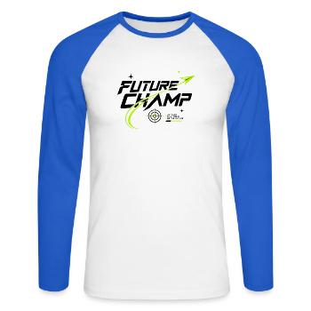 DARTZWERGE - Future Champ - Unisex Baseballshirt langarm - Weiß/Royalblau - Vorne - Nik (191cm)