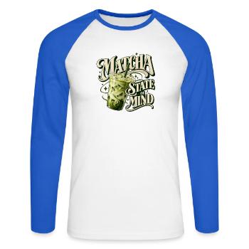 Matcha-Geisteszustand - Unisex Baseballshirt langarm - Weiß/Royalblau - Vorne - Nik (191cm)