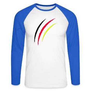 Germany Kratzer Kontrast - Unisex Baseballshirt langarm - Weiß/Royalblau - Vorne - Nik (191cm)