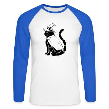 Magische Halloween Katze als Hexe - Ohne Sterne - Unisex Baseballshirt langarm - Weiß/Royalblau - Vorne - Nik (191cm)