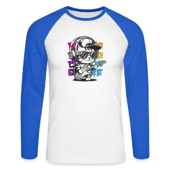  Coole Rocker Katze mit E Gitarre Graffiti Style - Unisex Baseballshirt langarm - Weiß/Royalblau - Vorne - Nik (191cm)