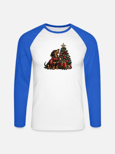 Dackel und Weihnachtsbaum Szene - Unisex Baseballshirt langarm - Weiß/Royalblau