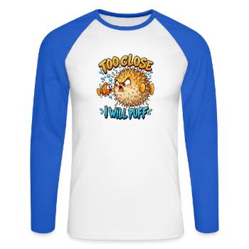 Zu nah: Pufferfisch Konflikt - Unisex Baseballshirt langarm - Weiß/Royalblau - Vorne - Nik (191cm)
