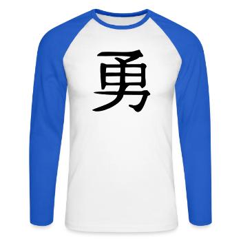 Mut-Kanji - Unisex Baseballshirt langarm - Weiß/Royalblau - Vorne - Nik (191cm)