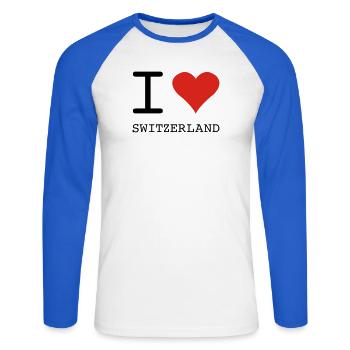 I LOVE SWITZERLAND - Unisex Baseballshirt langarm - Weiß/Royalblau - Vorne - Nik (191cm)