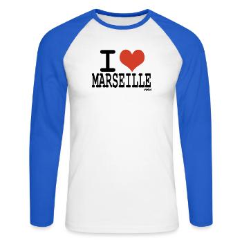 i love Marseille - couleurs personnalisables - T-shirt baseball manches longues Homme - blanc/bleu royal - Devant - Nik (191cm)