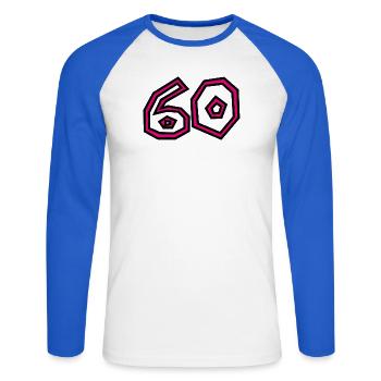 60. 60 ANS. 60e ANNIVERSAIRE. ANNIVERSAIRE 60 ANS. - T-shirt baseball manches longues Homme - blanc/bleu royal - Devant - Nik (191cm)