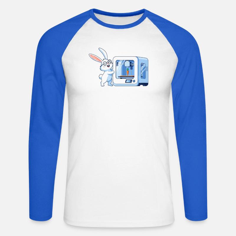 Funny Rabbit Nerd Programmer 3D Printer - Unisex Long Sleeve Baseball T-Shirt - white/royal blue