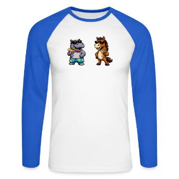 Dessin animé Cocktail Hippo Horse - T-shirt baseball manches longues Homme - blanc/bleu royal - Devant - Nik (191cm)