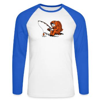 Boy in fish costume fishing - Unisex Long Sleeve Baseball T-Shirt - white/royal blue - Front - Nik (191cm)