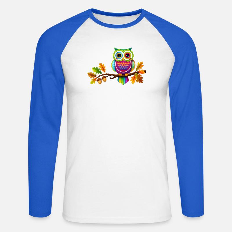 Bunte Eule auf Ast mit Herbstblättern - Unisex Baseballshirt langarm - Weiß/Royalblau