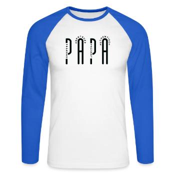 Minimalist PAPA - Black Typo Design - Unisex Baseballshirt langarm - Weiß/Royalblau - Vorne - Nik (191cm)