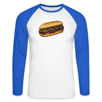 Illustration de sandwich - T-shirt baseball manches longues Homme - blanc/bleu royal - Devant - Nik (191cm)
