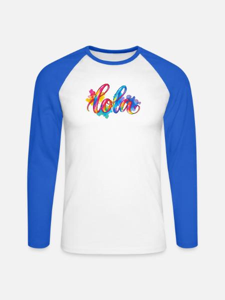 lola – Regenbogen Aquarellschriftzug - Unisex Baseballshirt langarm - Weiß/Royalblau