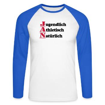 Jan , Vorname,Namensschild,Name,Fun Shirt (25) - Unisex Baseballshirt langarm - Weiß/Royalblau - Vorne - Nik (191cm)