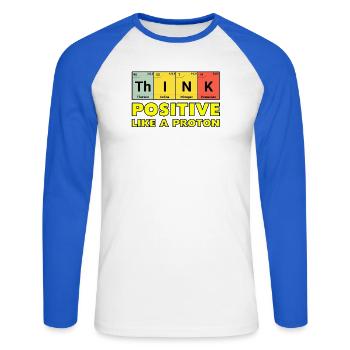 Penser positif, comme un proton - T-shirt baseball manches longues Homme - blanc/bleu royal - Devant - Nik (191cm)