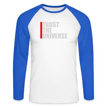 Trust The Universe Spirituell Universum Zitat Logo - Unisex Baseballshirt langarm - Weiß/Royalblau - Vorne - Nik (191cm)