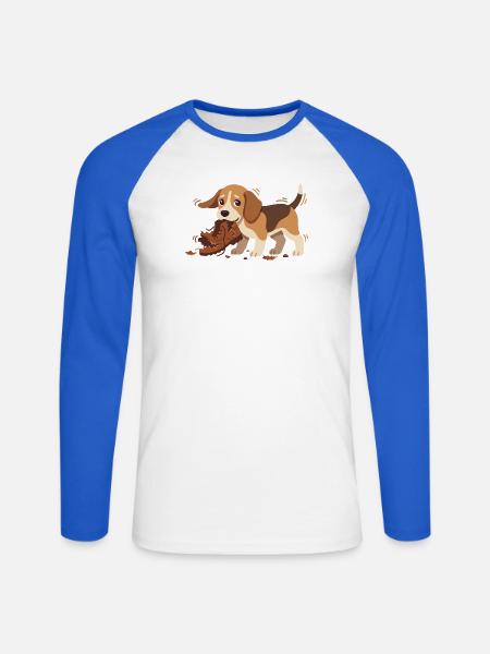 Beagle-Spielmotiv: Hund knabbert Schuh - Unisex Baseballshirt langarm - Weiß/Royalblau