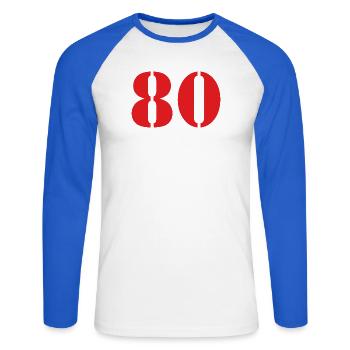 80. 80 JAHRE. 80. JUBILÄUM. 80-JAHRES-JUBILÄUM. - Unisex Baseballshirt langarm - Weiß/Royalblau - Vorne - Nik (191cm)