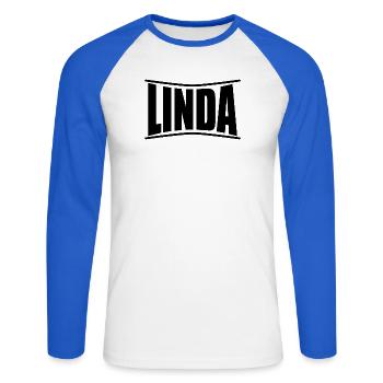 nom t-shirt Linda t-shirt idée cadeau - T-shirt baseball manches longues Homme - blanc/bleu royal - Devant - Nik (191cm)
