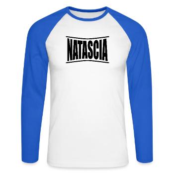 T-Shirt Natascia T-Shirt Geschenkidee - Unisex Baseballshirt langarm - Weiß/Royalblau - Vorne - Nik (191cm)