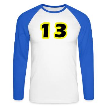 Symbole numérique 13 - T-shirt baseball manches longues Homme - blanc/bleu royal - Devant - Nik (191cm)