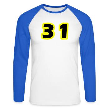 Symbole du chiffre 31 - T-shirt baseball manches longues Homme - blanc/bleu royal - Devant - Nik (191cm)